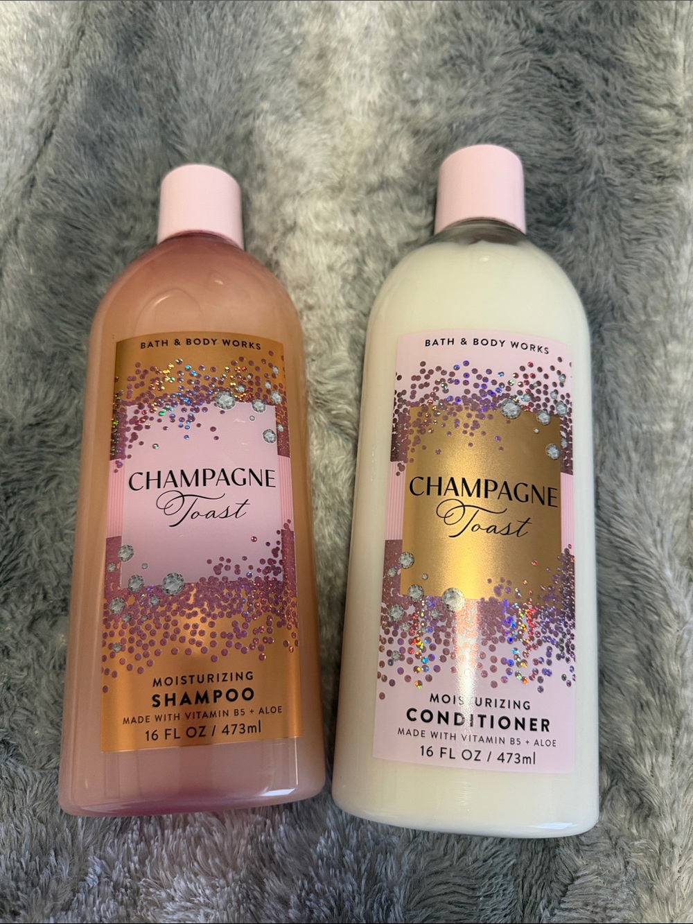 New Bath & body Works, champagne, toast, shampoo, and conditioner